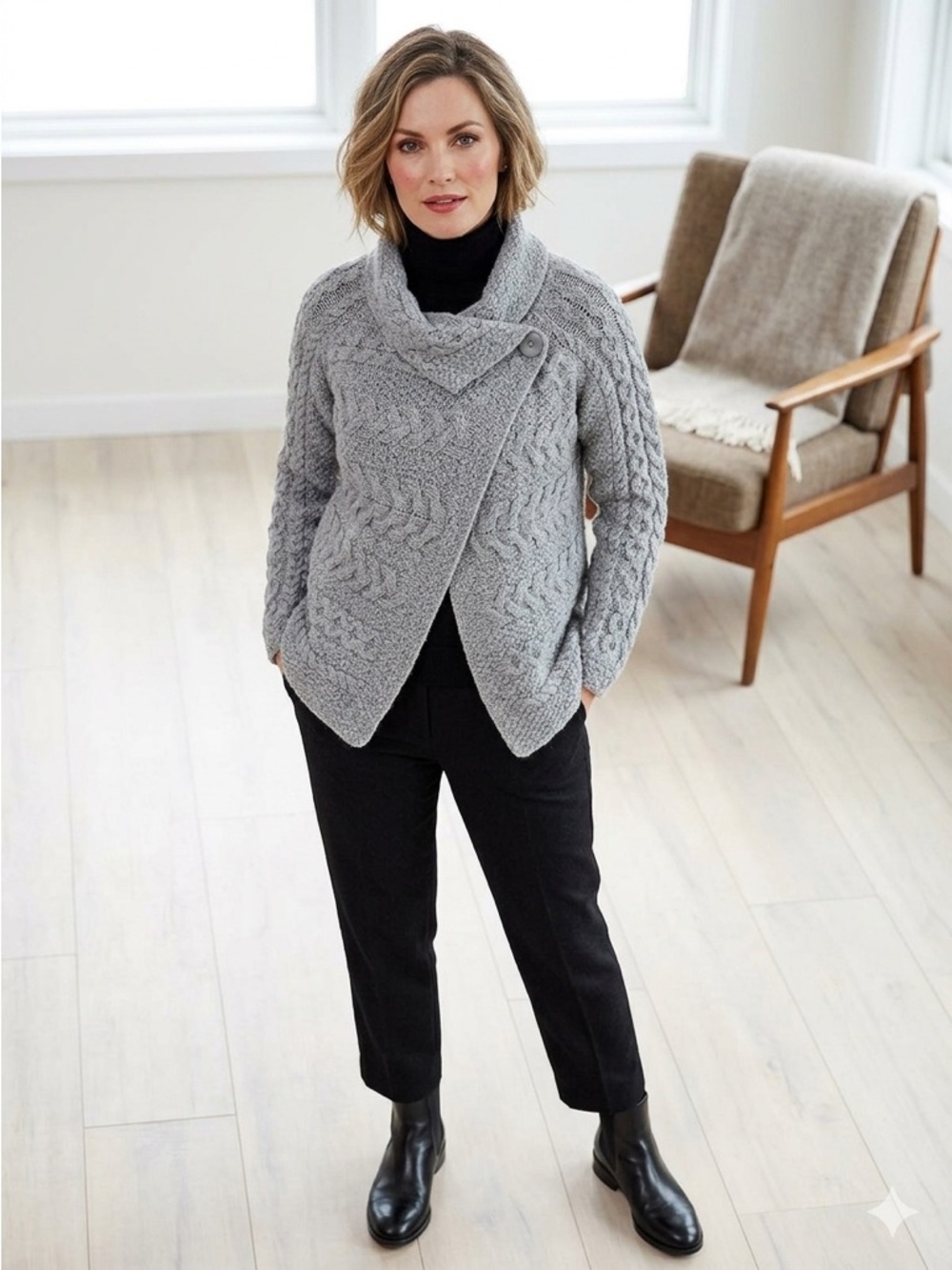 Asymmetric Cable-Knit Shawl Collar Sweater Cardigan - Grey